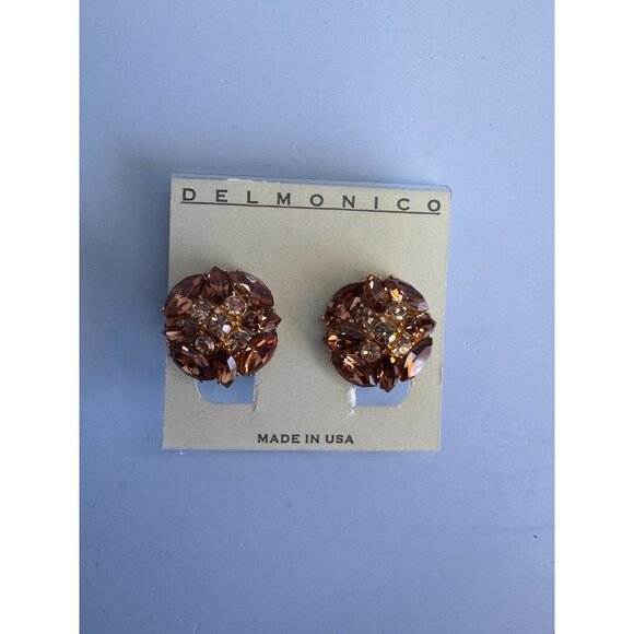 Vintage Delmonico Clip-On Earrings With Amber Rhinestones & Gold-Tone Metal - Picture 5 of 8